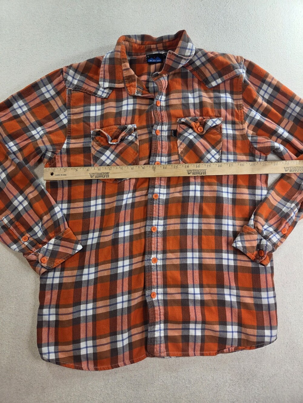 KAVU Flannel Shirt Mens L Orange Plaid Western Outdoor 100% Cotton - Picture 3 of 6
